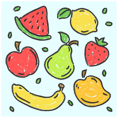 Hand drawn crayon style fruit illustration collection, whimsical crayon style illustration set