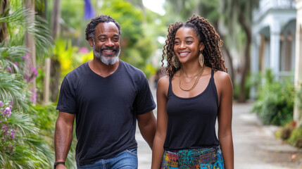 Obraz premium A happy couple enjoys a leisurely walk together, surrounded by vibrant greenery and blooming flowers on a sunny afternoon