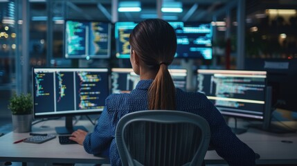 Female Software Developer in Modern Tech Office Focused on Coding with Multiple Monitors
