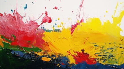 Fototapeta premium Abstract painting with vibrant splashes of red, yellow, and green on a white background.