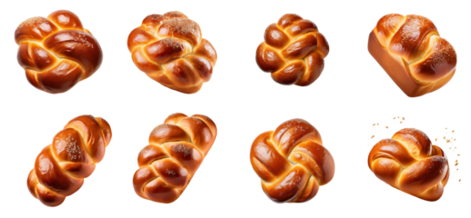 Various types of freshly baked bread rolls on a white isolated background.
