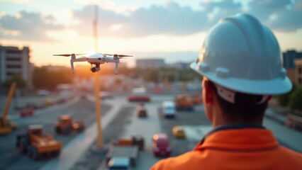 Drone operator in a hard hat overseeing a construction site at sunset.