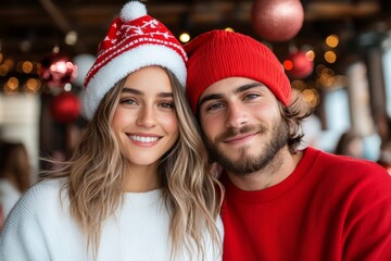 Couple wearing red hats and red clothing pose for a picture. The woman has blonde hair and the man has a beard