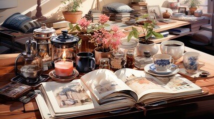 Fototapeta premium Cozy study nook with an open book, coffee, and plants creating a warm and inviting atmosphere.