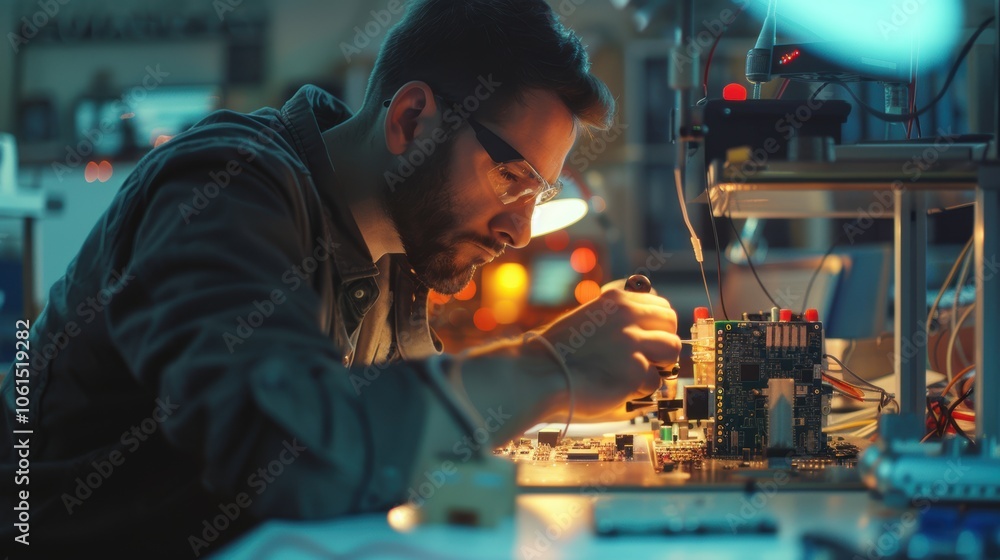 Poster modern lab engineering: precision circuit board assembly by skilled engineer in brightly lit setting