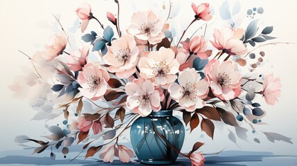 Elegant bouquet of pastel flowers in a blue vase, exuding a serene and delicate beauty.