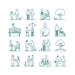 minimal elderly care icons set vector illustration