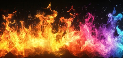 Colorful flames on a dark background, vibrant and dynamic.