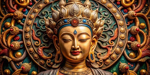 Upper Part of Deity Sculpture in Buddhism - Intricate Details and Symbolism of Spiritual Art in Religious Context