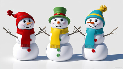 Cheerful snowmen with colorful scarves and hats, isolated on white background