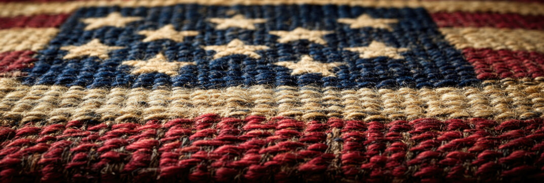 A woven rug showcases a detailed American flag pattern, featuring red and blue colors with white stars, ideal for home decor