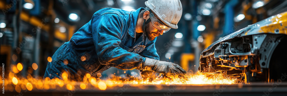 Poster a focused technician engaged in metalworking tasks, creating sparks while shaping car parts in a bus