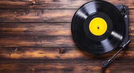Vintage turntable with a vinyl record on a wooden, Generative AI