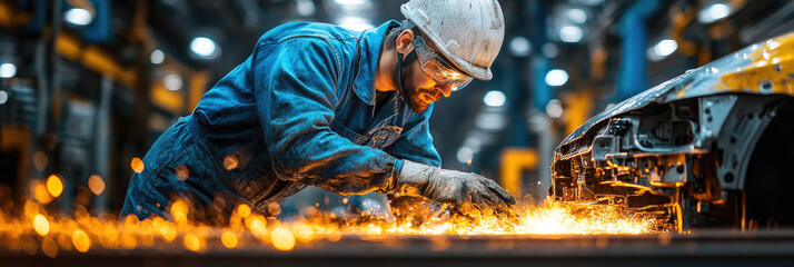 Naklejka premium A focused technician engaged in metalworking tasks, creating sparks while shaping car parts in a bustling manufacturing plant