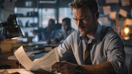Obraz premium Male Investigative Journalist Reviewing Documents in a Busy Newsroom Setting