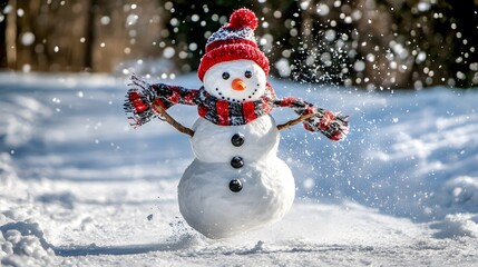 Obraz premium Funny energetic snowman running through a snow-covered scene with a scarf and hat, embracing the festive winter fun.