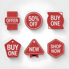 icon red sale label. The label variety name offer, 50% of, 50% of, shop now, buy one, new