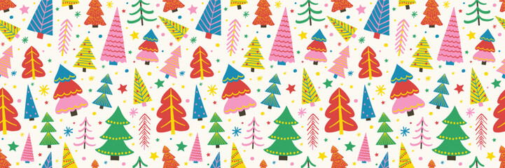 Obraz premium Christmas tree background. Seamless pattern design with hand drawn ornaments. Wallpaper concept. Vector illustration