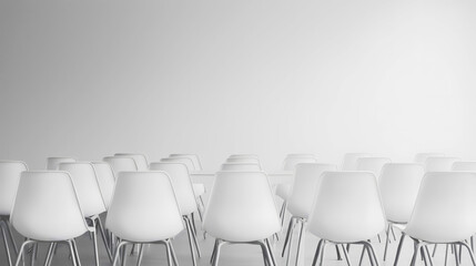 a chairs arranged in a white conference room, quiet atmosphere, no people,  , Generative ai