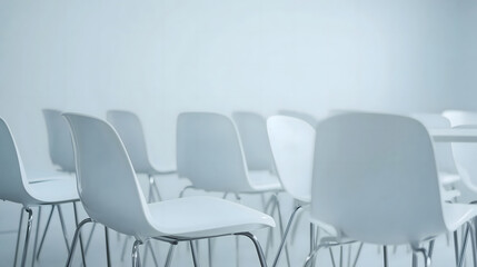 Obraz premium a chairs arranged in a white conference room, quiet atmosphere, no people, , Generative ai