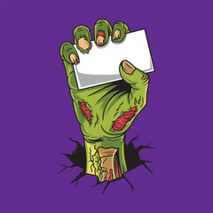 Zombie hand holding a blank card. Vector illustration