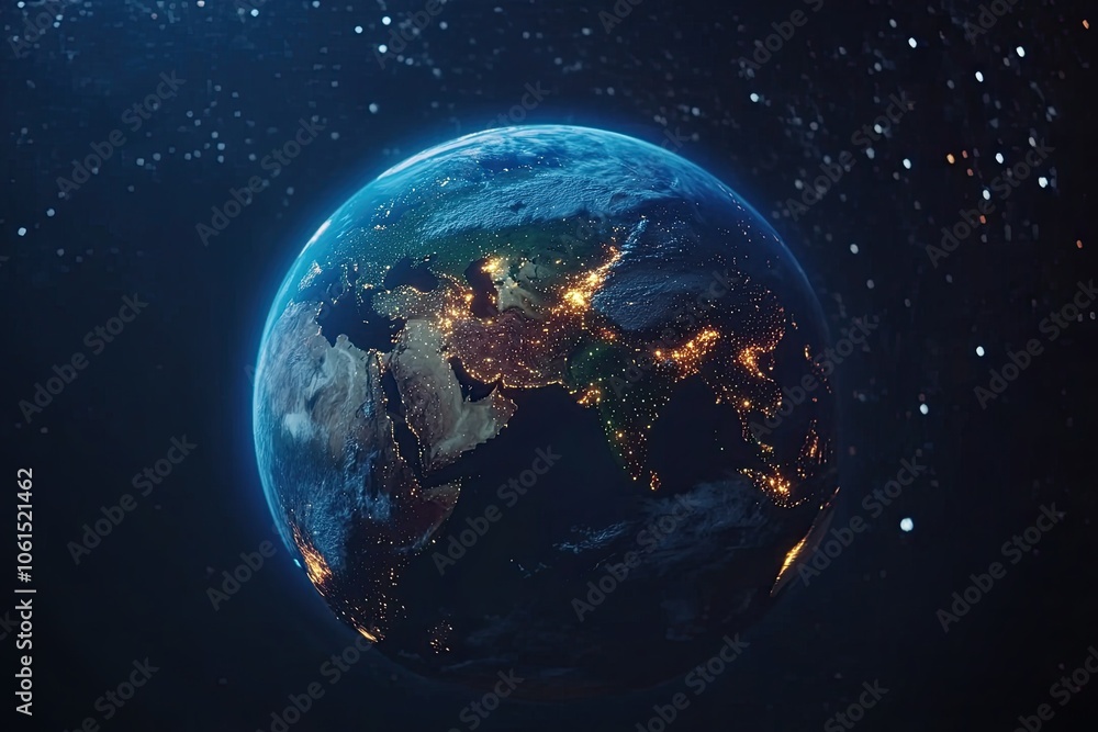Poster global network and data connection concept. world connections on planet earth at night. earth in out