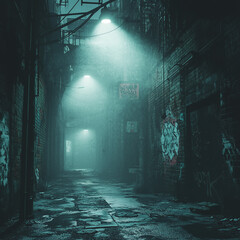 Obraz premium eerie alley bathed in fog and dim light casts a haunting atmosphere in the urban night