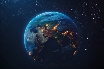 Obraz premium Global network and data connection concept. World connections on planet Earth at night. Earth in outer space and digital network. World communication technologies.