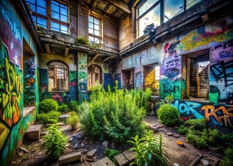 Fototapeta premium Urban Exploration Photography of Rosemary: Abandoned Buildings, Graffiti Art, Urban Decay, Nature Reclaiming, Overgrown Ruins, Hidden Gems, 