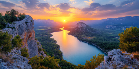 Sunset over the mountains and river. Landscape view.