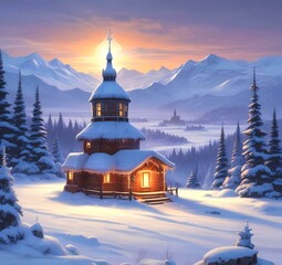 Fototapeta premium Illustration of Christmas funny hat with winter snowy landscape and glowing inside.