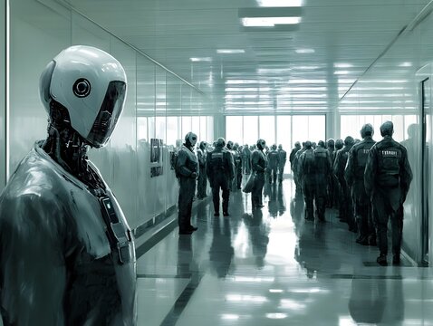 Parallel Universe Office Crowds of Curious Beings Awaiting Processing in Sleek Minimalist Interiors