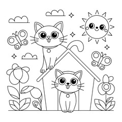 cute cat sitting on a doghouse and a dog peeking out from the entrance. 