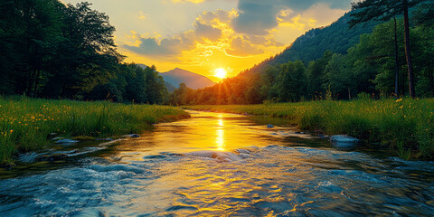 Sunrise over the river and mountain. Beautiful Landscape view.