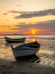 serene sunset scene at a beach with two weathered wooden boats on the wet sand.