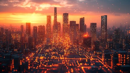 Obraz premium Futuristic City Skyline with Glowing Circuit Board at Sunset