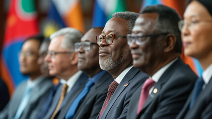 Obraz premium Global leaders at a diplomatic event with national flags backdrop.