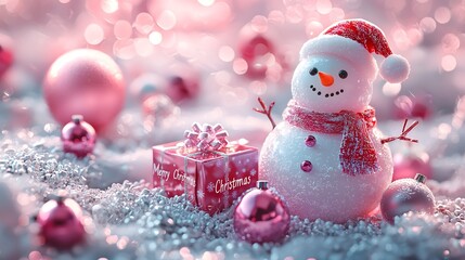 Obraz premium A Playful Snowman Dressed for Christmas with a Pink Scarf and Surrounded by Shimmering Ornaments and Colorful Presents.Generative AIピンクのスカーフを付けたクリスマス用の遊び心ある雪だるまが、きらめくオーナメントとカラフルなプレゼントに囲まれている。