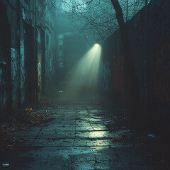 Fototapeta premium mysterious alley illuminated by a lone bright light casting shadows and silhouettes under a foggy sky