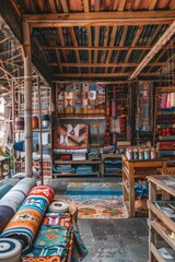 Naklejka premium Artisanal Textile Workshop with Traditional Looms and Colorful Fabrics for Rustic Design