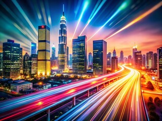 Fototapeta premium Vibrant City Skyline with Light Streaks Representing Data Speed in Tilt-Shift Photography for Urban Technology Themes