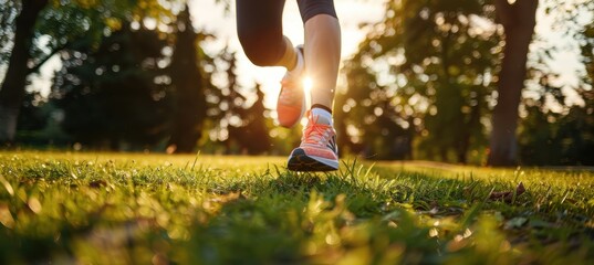 Dynamic shot of a runner mid-stride in a sunlit park, the energy and movement associated with health and fitness. a bottle of vitamins clipped to the belt emphasizes the importance of supplements