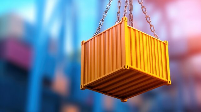 Bright yellow shipping container suspended by chains in a bustling port, AI