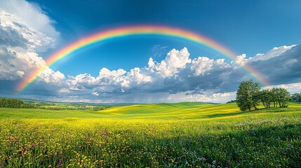 Naklejka premium Rainbow Over Green Meadow with Blue Sky and Fluffy Clouds