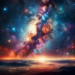 Fototapeta premium Expansive galaxy stretching over a mountain horizon at sunrise, capturing the awe of the cosmos