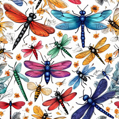 Hand-drawn crayon patterns of dragonflies, bees and ladybugs, suitable for nature and bright themes.