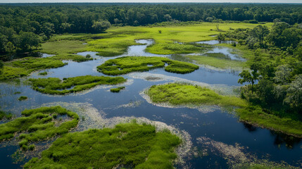 A serene photograph of a wetland restoration project, showcasing the importance of natural habitats.