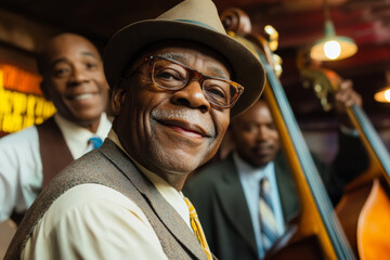 Fototapeta premium Musicians enjoying a lively moment at a jazz club during a vibrant evening performance