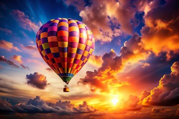 Fototapeta premium Vibrant Hot Air Balloon Against Stunning Sunset Sky | Colorful Sky Photography | Peaceful Ambiance in Nature
