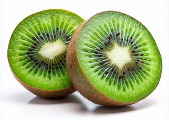 Fototapeta premium Vibrant Kiwi Fruit Halves on Isolated White Background - Night Photography, Freshness, Healthy Eating, Fruits, Food Photography, Isolated Objects, Colorful, Tropical, 